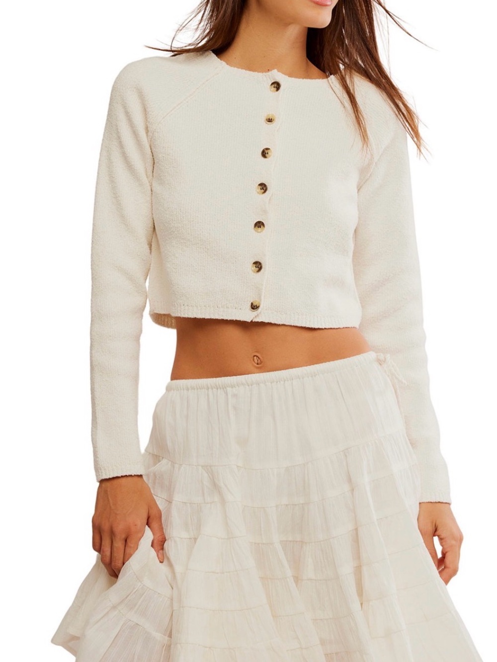 Free People Cropped Crewneck Cardigan in Ivory
